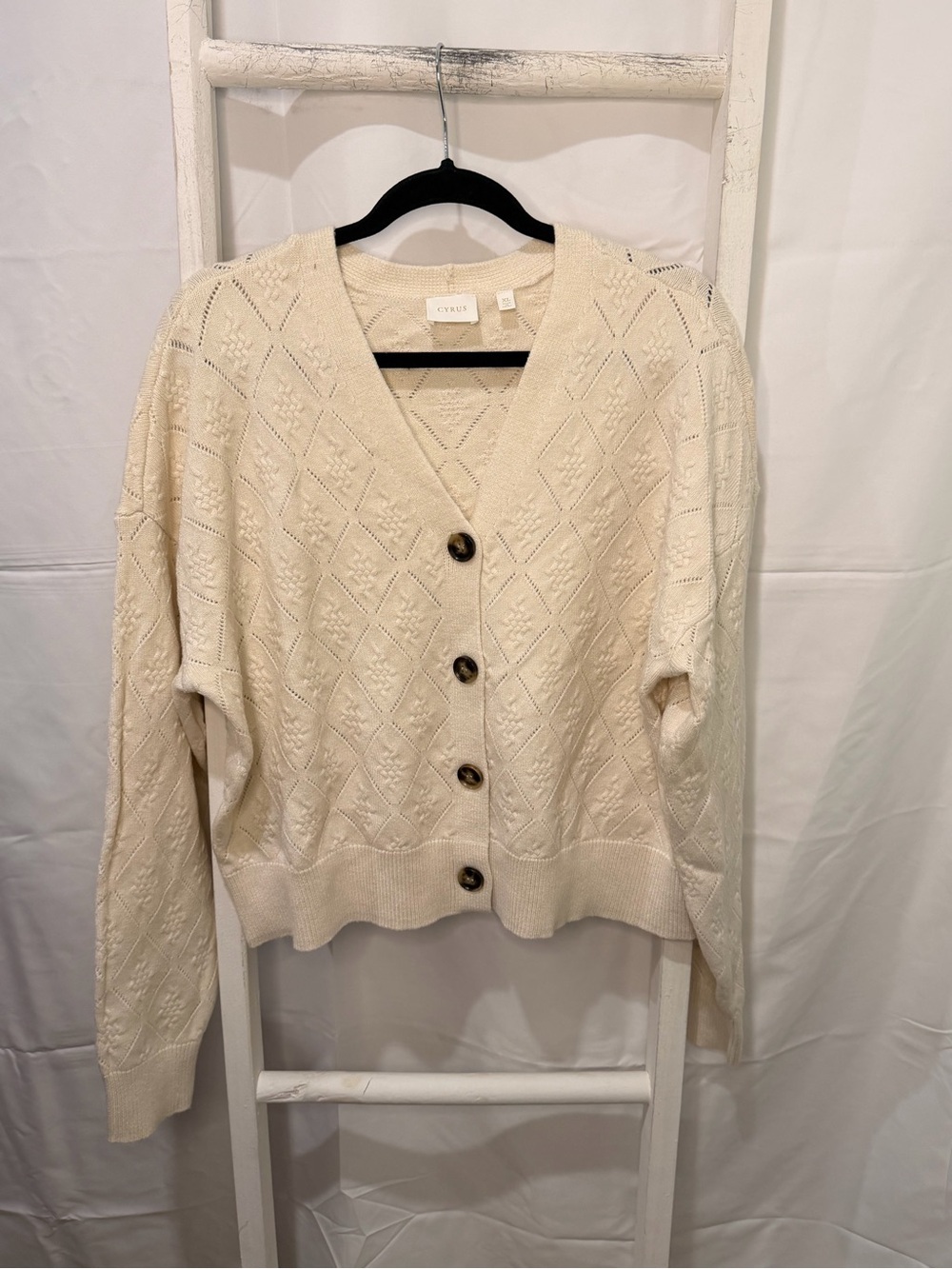 Cyrus Cream Diamond-Knit Button Cardigan